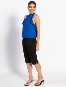 Rouah Damen einfarbiges Neckholder-Top mit Rüschen in hellem Blau - Sommer-Top, blaues Neckholder-Top, Party-Top, blaues Top, Boho-Sommer-Top, Boho-Casual-Top - Blau - Übersicht 3