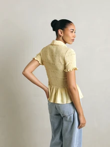 KSTM Smocked Button-Down Peplum Blouse With Collared Neck Ruffle Sleeves Spring Summer Top - Yellow - View 5