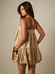 MISSGUIDED Bubble Hem Mini Dress Square Neckline Spaghetti Straps Tiered Flowy Summer Vacation Beach Style - Khaki - View 2
