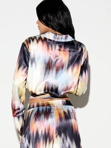 KIZN Laser Print Tie Wrap Crop Shirt With Collared Neckline Long Sleeves Abstract Ikat Pattern Satin Finish - Multicolor - View 2