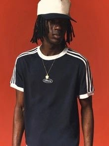 SUMWON Shrunken Fit Crew Neck T-Shirt With Contrast Stripe Detailing And Oval Logo Print Short Sleeve Summer Tee - Navy Blue - View 6