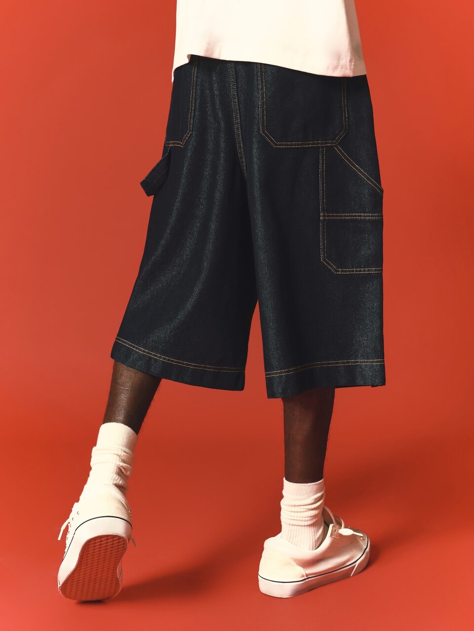 Wide Leg Carpenter Denim Shorts With Contrast Stitching Pleated Waist And Patch Pockets Summer Bermuda Jorts