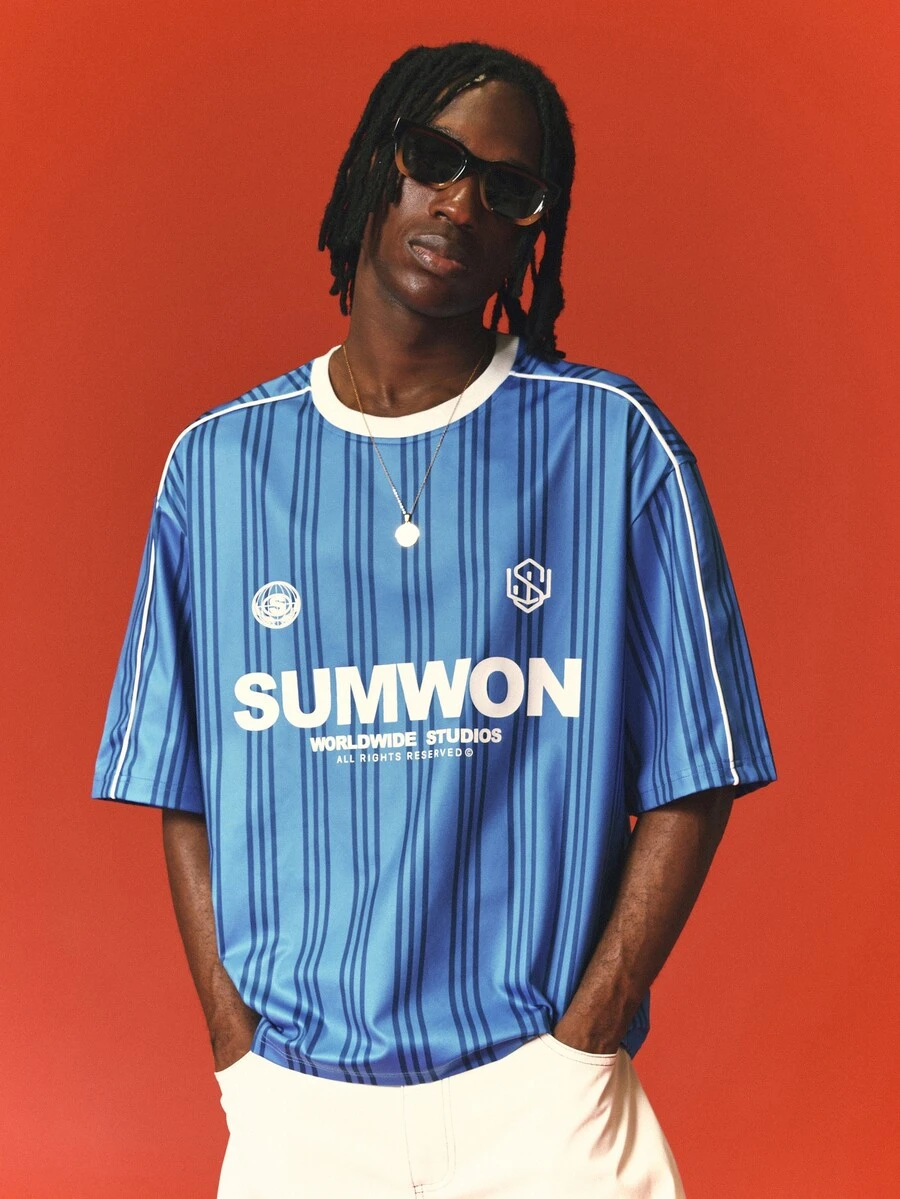 SUMWON Worldwide Studios Boxy Fit Vertical Stripe Football Jersey T-Shirt With Graphic Logo Print - Blue and White - View 1
