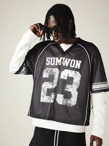 SUMWON 大尺寸網眼美式足球球衣 V 領數字圖案印花短袖上衣 - 黑色 - 查看 4