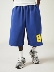SUMWON Color Block Basketball Shorts With Number 86 Print Side Stripe Knee Length Loose Fit Drawstring Waist Summer Casual - Blue - View 4