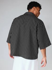 SUMWON Wrap Over Double Breasted Stripe Shirt With Notch Lapel Collar And Half Sleeves For Summer Casual Occasions - Black - View 2