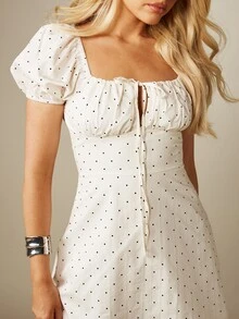 MISSGUIDED Polka Dot Mini Dress With Square Neckline Puff Sleeves And Tie Front Detail Summer Boho Style - Black and White - View 3
