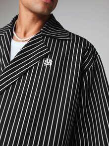 SUMWON Wrap Over Double Breasted Stripe Shirt With Notch Lapel Collar And Half Sleeves For Summer Casual Occasions - Black - View 6
