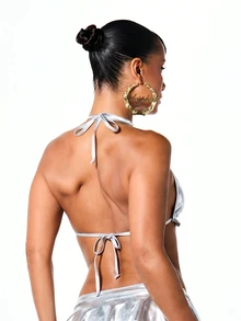 BABYPHAT Triangle Bikini Top With Frill Detail And Charm Accent Halter Neck Tie Back Summer Beach - Silver - View 2