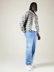 SUMWON Printed Loose Fit Jeans With Graphic Script Detail Wide Leg Streetwear Denim Pants - Blue - View 3