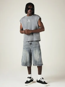 SUMWON Acid Washed Sleeveless Tank Top With Gothic Cross Patch Back Print And Logo Detail - Grey - View 3
