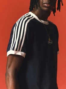 SUMWON Shrunken Fit Crew Neck T-Shirt With Contrast Stripe Detailing And Oval Logo Print Short Sleeve Summer Tee - Navy Blue - View 5