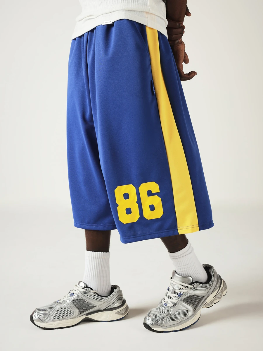 SUMWON Color Block Basketball Shorts With Number 86 Print Side Stripe Knee Length Loose Fit Drawstring Waist Summer Casual - Blue - View 1