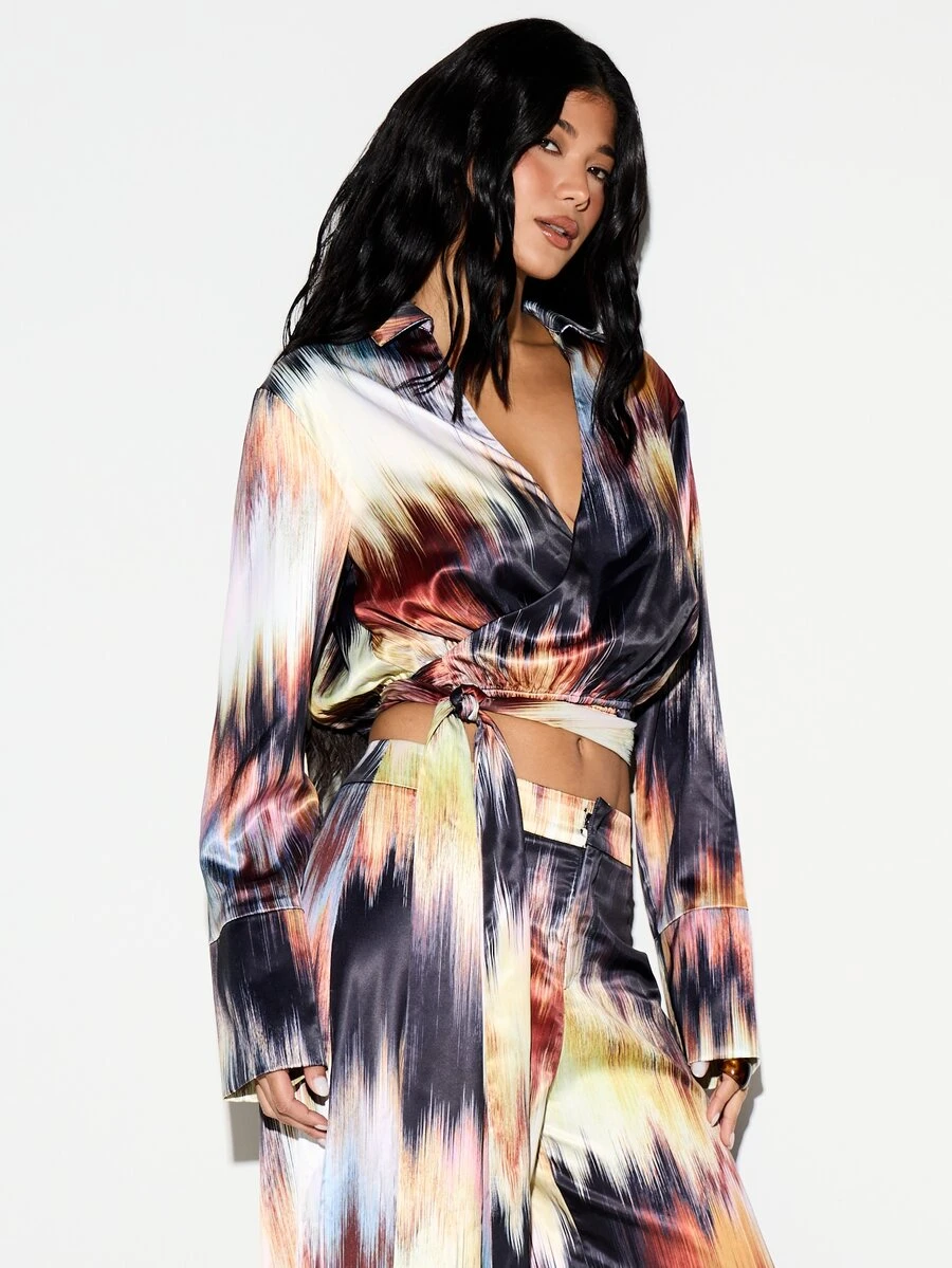 KIZN Laser Print Tie Wrap Crop Shirt With Collared Neckline Long Sleeves Abstract Ikat Pattern Satin Finish - Multicolor - View 1