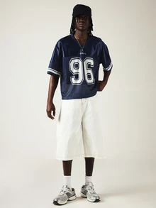 SUMWON Mens Navy Football Jersey V-Neck Short Sleeve Mesh Number 96 Varsity Street Style Top - Navy Blue - View 4