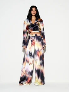 KIZN Laser Print Tie Wrap Crop Shirt With Collared Neckline Long Sleeves Abstract Ikat Pattern Satin Finish - Multicolor - View 3