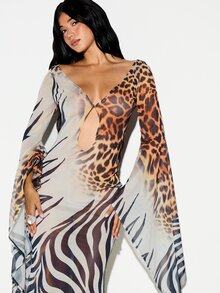 KIZN Mixed Animal Print Keyhole Plunge Neck Flare Sleeve Maxi Dress Leopard Zebra Summer Evening Party - Multicolor - View 5