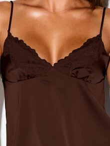 KIZN Lace Trim Satin Cami And Wide Leg Trousers Pajama Set Luxurious Lounge Sleepwear - Chocolate Brown - View 5
