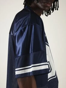 SUMWON Mens Navy Football Jersey V-Neck Short Sleeve Mesh Number 96 Varsity Street Style Top - Navy Blue - View 2