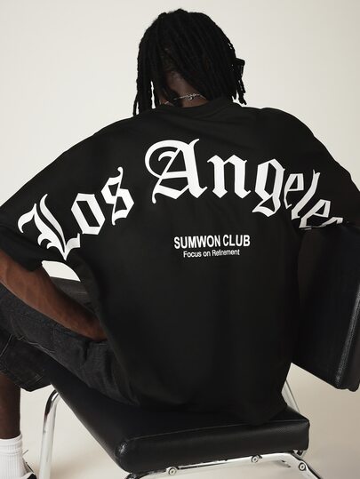 SUMWON Club Los Angeles Oversized Graphic T-Shirt With Old English Back Print And Crew Neck,Los Angeles Jersey,Hip Hop T Shirts Men,Oversized T Shirt