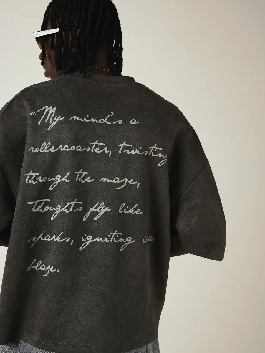 SUMWON Oversized Acid Washed Crop T-Shirt With Handwritten Poetry Back Print And Script Logo - Dark Grey - View 1