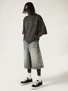 SUMWON Oversized Acid Washed Crop T-Shirt With Handwritten Poetry Back Print And Script Logo - Dark Grey - View 3