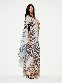 KIZN Mixed Animal Print Keyhole Plunge Neck Flare Sleeve Maxi Dress Leopard Zebra Summer Evening Party - Multicolor - View 4