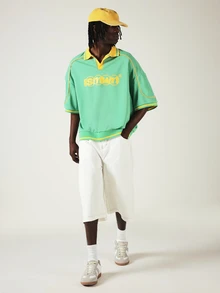 SUMWON Retro Soccer Jersey Style Polo Shirt With Logo Print, V-Neck Collar And Contrast Piping Detail - Green - View 3