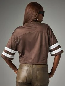 BABYPHAT Logo Baller Crop Jersey Tee With V-Neck Number 99 Graphic And Stripe Sleeve Detail - Brown - View 4