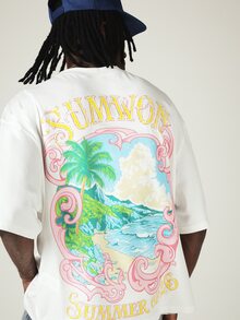 SUMWON Boxy T-Shirt With Tropical Island Back Graphic Print Crew Neck Summer Short Sleeve Tee - White - View 1