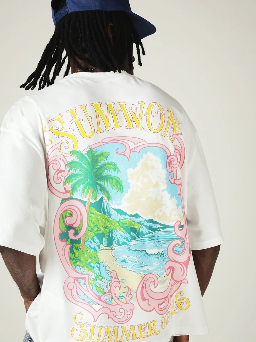SUMWON Boxy T-Shirt With Tropical Island Back Graphic Print Crew Neck Summer Short Sleeve Tee - White - View 1