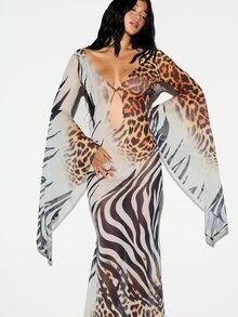KIZN Mixed Animal Print Keyhole Plunge Neck Flare Sleeve Maxi Dress Leopard Zebra Summer Evening Party - Multicolor - View 2