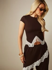 MISSGUIDED Ribbed Crop Top And Wide Leg Pants Co-Ord Set With Lace Trim Detail And Layover Skirt Panel - Brown - View 2