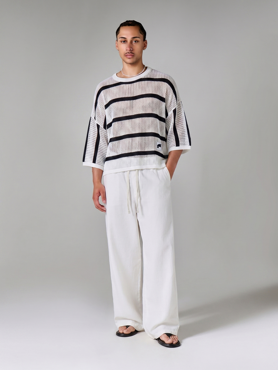 Striped Open Knit Mesh Crewneck Sweater Top With Half Sleeves And Boxy Oversized Fit For Summer