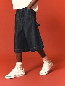 SUMWON Wide Leg Carpenter Denim Shorts With Contrast Stitching Pleated Waist And Patch Pockets Summer Bermuda Jorts - Blue - View 4