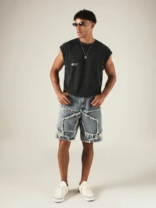 SUMWON Áo tank top dáng box ngắn, không tay, in logo sau lưng, khoét nách cắt thô, phong cách thường ngày mùa hè - màu đen - Xem 3