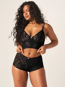 Missguided x Playboy طقم حمالة صدر دانتيل وسروال داخلي قصير مع حافة متموجة وتفاصيل حمالات متقاطعة على الظهر - الأسود - مشاهدة 1