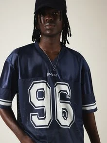 SUMWON Mens Navy Football Jersey V-Neck Short Sleeve Mesh Number 96 Varsity Street Style Top - Navy Blue - View 6