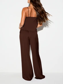 KIZN Lace Trim Satin Cami And Wide Leg Trousers Pajama Set Luxurious Lounge Sleepwear - Chocolate Brown - View 2