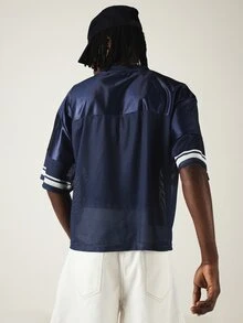 SUMWON Mens Navy Football Jersey V-Neck Short Sleeve Mesh Number 96 Varsity Street Style Top - Navy Blue - View 3