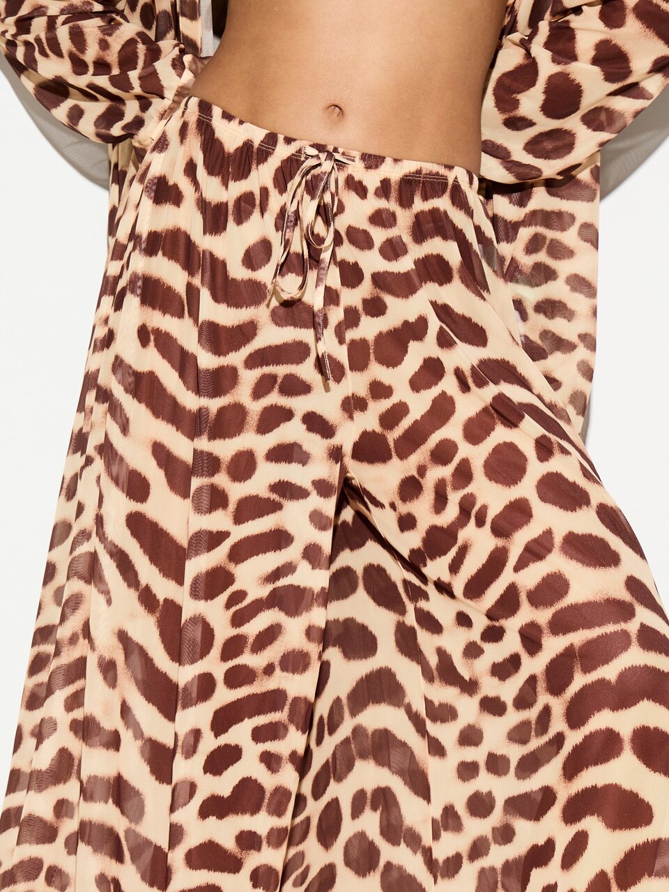 Leopard Print Mesh Wide Leg Trousers With Drawstring Waist