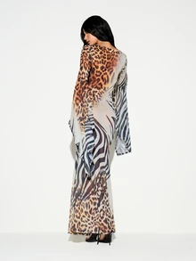 KIZN Mixed Animal Print Keyhole Plunge Neck Flare Sleeve Maxi Dress Leopard Zebra Summer Evening Party - Multicolor - View 3