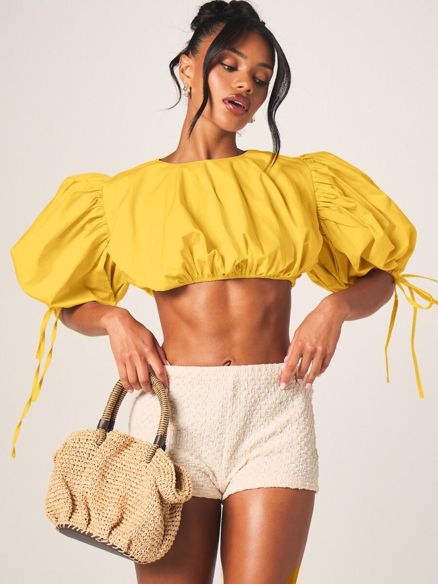 MISSGUIDED 泡泡布短版泡泡袖上衣,大澎澎袖與綁帶袖口,夏季音樂節上衣 - 黃色 - 查看 1
