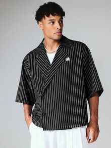 SUMWON Wrap Over Double Breasted Stripe Shirt With Notch Lapel Collar And Half Sleeves For Summer Casual Occasions - Black - View 4