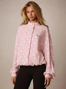 MISSGUIDED Linen Feel Polka Dot Funnel Neck Zip Up Lightweight Jacket With Branded Hardware Spring Summer Casual Outerwear - Pink - View 5