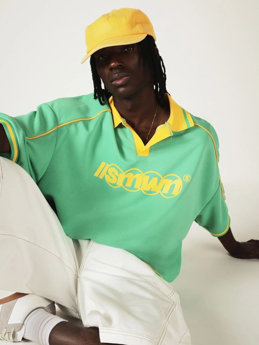 SUMWON Retro Soccer Jersey Style Polo Shirt With Logo Print, V-Neck Collar And Contrast Piping Detail - Green - View 1