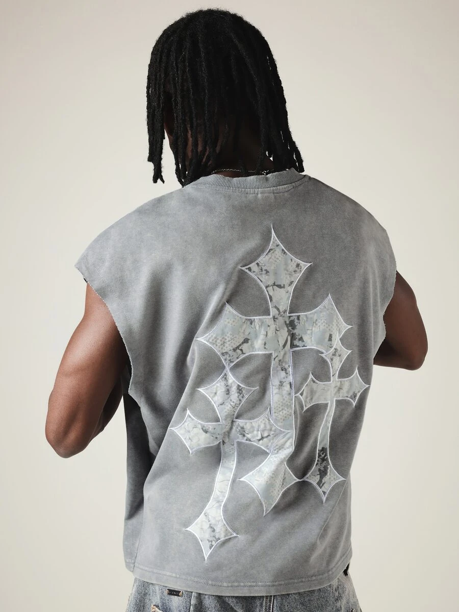 SUMWON Acid Washed Sleeveless Tank Top With Gothic Cross Patch Back Print And Logo Detail - Grey - View 1