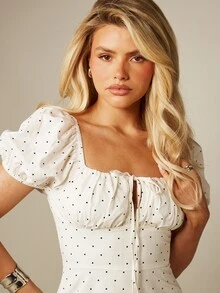 MISSGUIDED Polka Dot Mini Dress With Square Neckline Puff Sleeves And Tie Front Detail Summer Boho Style - Black and White - View 5