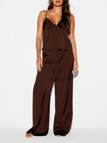 KIZN Lace Trim Satin Cami And Wide Leg Trousers Pajama Set Luxurious Lounge Sleepwear - Chocolate Brown - View 1