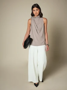 KSTM Sleeveless Twisted Mock Neck Draped Top, Elegant Modest Elegance High Neck Knot Detail Flowy Blouse For Office Brunch Or Evening Taupe Summer - Light Grey - View 3